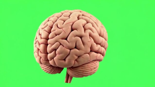 Loopable animation of a spinning human brain on a green screen background.