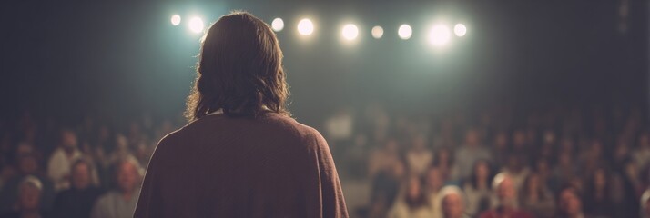 Ethereal Hispanic male silhouette captivates moonlit audience, evoking enchanting Storytellers Festival and World Compliment Days hidden, resonant whispers