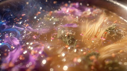 Mesmerizing Abstract Swirl of Purple, Gold, and Orange Hues with Sparkling Bokeh Lights.