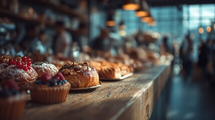 A cozy bakery scene showcasing an array of delicious pastries, beautifully displayed on a wooden counter with warm lighting.