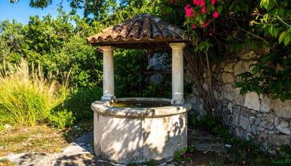 Old stone well in a garden setting