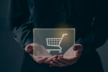 Ecommerce online shop concept, Add to cart internet web store buy online, Business man using smartphone with shopping, sale, retail, cart and business service technology