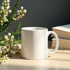Obraz premium Mug mockup a white mug sits on a table next to books and a sprig of berries in a simple and clean setting