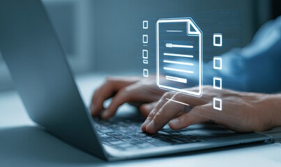 Hands typing on laptop with document icon overlay
