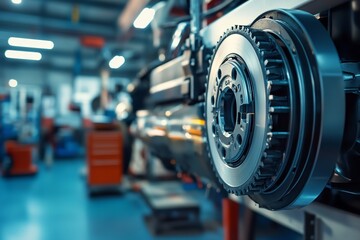 Precision engineered automotive brake disc assembly in a modern industrial workshop showcasing intricate mechanical components and advanced manufacturing, Generative AI.