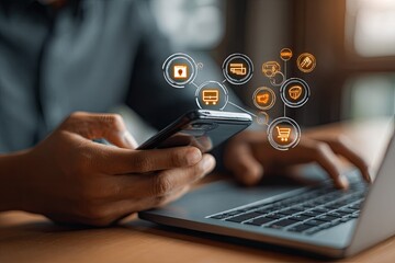 Person using smartphone and laptop for online shopping