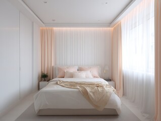 A modern bedroom, bathed in soft, peachy light, showcases minimalist design and serene aesthetics.