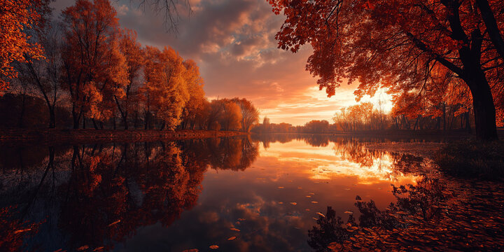 Fiery autumn sunset over calm lake surrounded by trees with red and yellow leaves, reflections on water