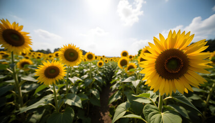 Obraz premium Vibrant sunflowers in a sunlit field under a bright blue sky, full of summer's warmth.