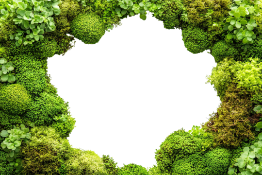 Natural green moss frame with plants forming circular border, isolated on transparent cutout background