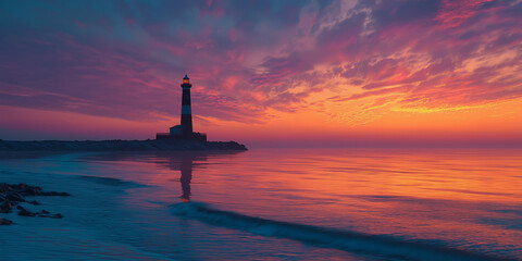 Fototapeta premium Peaceful sunrise by sea with lighthouse silhouette, calm waves, pastel sky colors