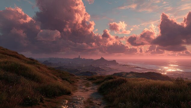 Coastal town at sunset, dramatic clouds.  Path leading to distant cityscape - Powered by Adobe
