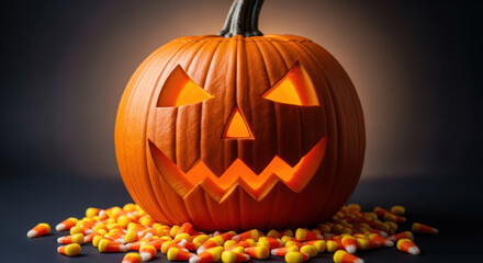 Classic Halloween Jack-o'-Lantern with a Triangular Nose and Jagged Teeth, Illuminated Against a Dark Background, Surrounded by Colorful Candy Corn