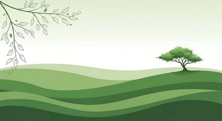 Obraz premium Serene Green Landscape: Single Tree on Rolling Hills with Branch Illustration - Eco-Friendly Nature Background.