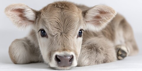Adorable young calf resting on white background with soft fur and innocent eyes