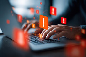 Close-up of hands typing on laptop with numerous red exclamation marks