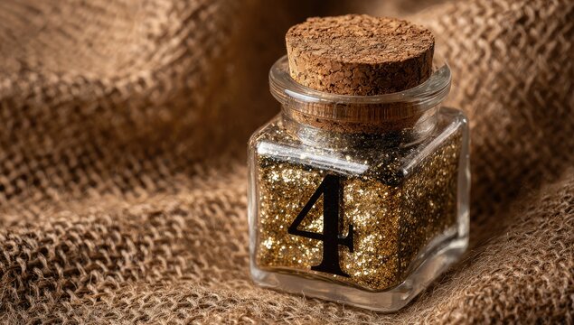 Small, square glass jar with cork lid, filled with gold glitter and displaying the number 4