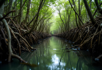 Obraz premium A vibrant green mangrove forest provides a tranquil pathway over water.
