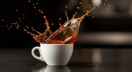 Dramatic coffee splash captured in a white cup against a dark background perfection moment