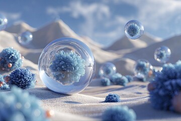 Crystal spheres hold delicate flowers in a sandy landscape