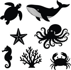 Ocean life silhouette collection featuring turtle whale starfish octopus seahorse coral and crab for aquatic design elements vector