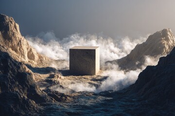 A beige cube sits on a mountain pass