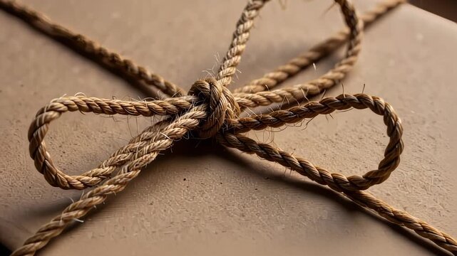Close-up Views of a Rustic Brown Package Wrapped with Twisted Jute Cord Forming an Elegant Bow on a Light-Colored Background