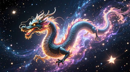 Fototapeta premium Celestial dragon flying among stars glowing cosmic aura fantasy space atmosphere detailed scales