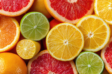 Fototapeta premium Fresh juicy citrus fruits as background, top view 