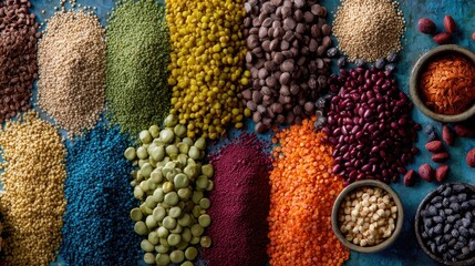 Vibrant Array of Colorful Legumes and Spices on a Textured Blue Surface.