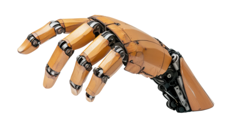Futuristic wooden robotic hand with metal joints, isolated on transparent cutout background