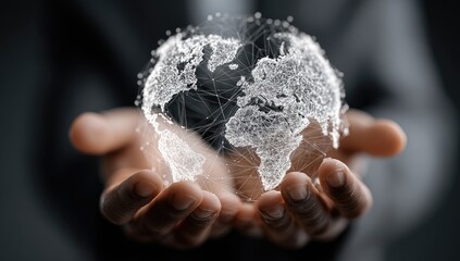 A digital representation of Earth, suspended in the hands of a person.  A network of lines connects the continents, forming a light, airy, and detailed globe.  