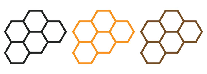 Honeycomb icon set. Honey symbol. Bee hive sign. Yellow hexagon comb vector illustration isolated.Three honeycomb patterns in black, gold, and brown shades,