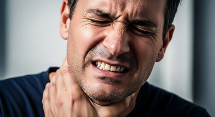Fototapeta premium Young man suffering from a severe sore throat or neck pain, grimacing in discomfort and holding his aching neck