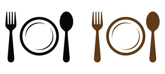 Fork, spoon, knife, and plate icon.Dinnerware line art design for restaurant branding project Cutlery icon set in line and flat style. Dinnerware icon symbol in the circle.