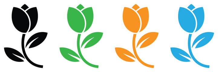 Three elegant tulip flower icons in black green and blue,Vibrant simple flower icons perfect for spring designs