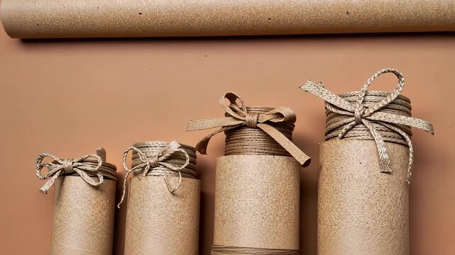 Various Sizes of Cylindrical Kraft Paper Tubes Wrapped with Twine and Ribbons on a Matching Brown Background