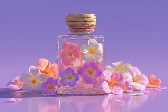 Clear glass bottle, filled with plumeria flowers, sits on a purple surface, surrounded by more flowers