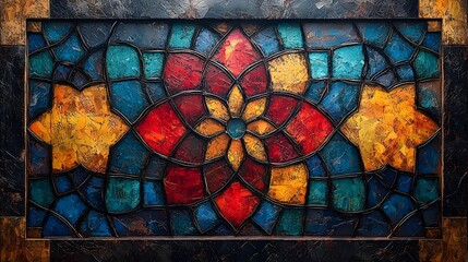 Vibrant and ornate stained glass pattern featuring intricate geometric designs in rich jewel tones of red yellow and blue