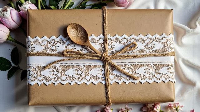 Elegant Brown Paper Gift Wrapped with Lace and Rustic Twine Featuring a Wooden Spoon and Surrounded by Delicate Pink Tulip Flowers for a Charming Presentation