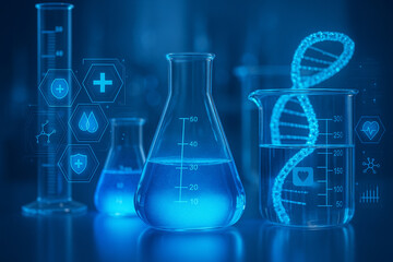 AI generated of laboratory glassware filled with glowing blue liquid surrounded by holographic dna helix medical icons and scientific data symbolizing biotechnology research innovation and precision