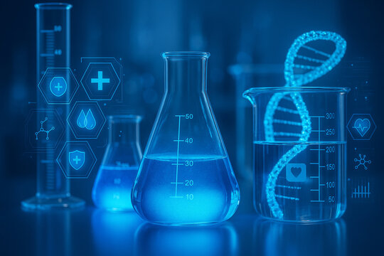 AI generated of laboratory glassware filled with glowing blue liquid surrounded by holographic dna helix medical icons and scientific data symbolizing biotechnology research innovation and precision - Powered by Adobe