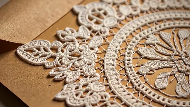 Intricate White Lace Doily with Detailed Embroidery Design on Brown Kraft Paper Background Showcasing Exquisite Handcrafted Patterns