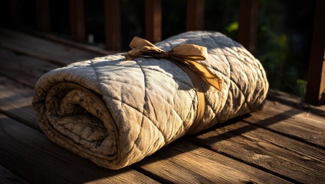 Rolled light beige quilted blanket tied with ribbon on wooden deck