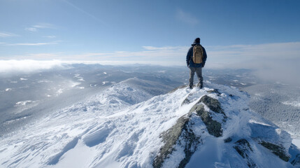 Triumphant hiker on snowy mountain summit enjoys view. feeling of achievement and freedom on peak in winter