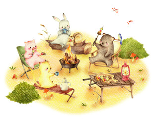 秋の野原のバーベキューする動物たち　手描き色鉛筆画