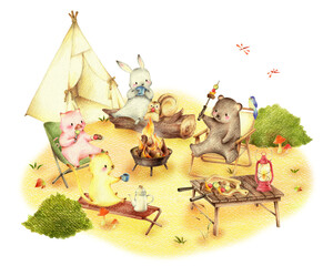 秋の野原のキャンプでバーベキューする動物たち　手描き色鉛筆画