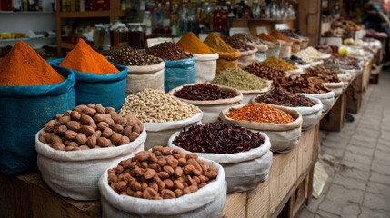 Fototapeta premium Vibrant, colorful display of aromatic spice and assorted nut at traditional food market. An exotic, sensory bazaar scene