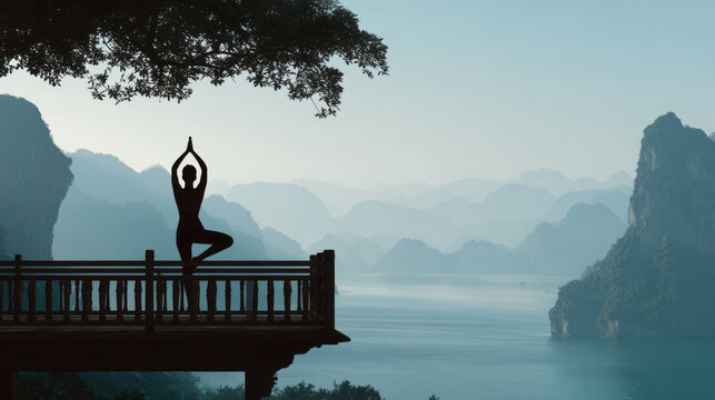 Serene woman silhouette practicing yoga and meditation on balcony in beautiful nature mountain landscape - Powered by Adobe