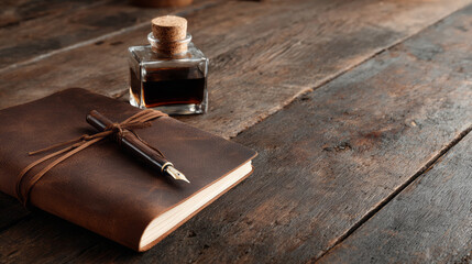 Nostalgic vintage leather journal with pen and inkwell for classic writing on dark wooden tabletop
